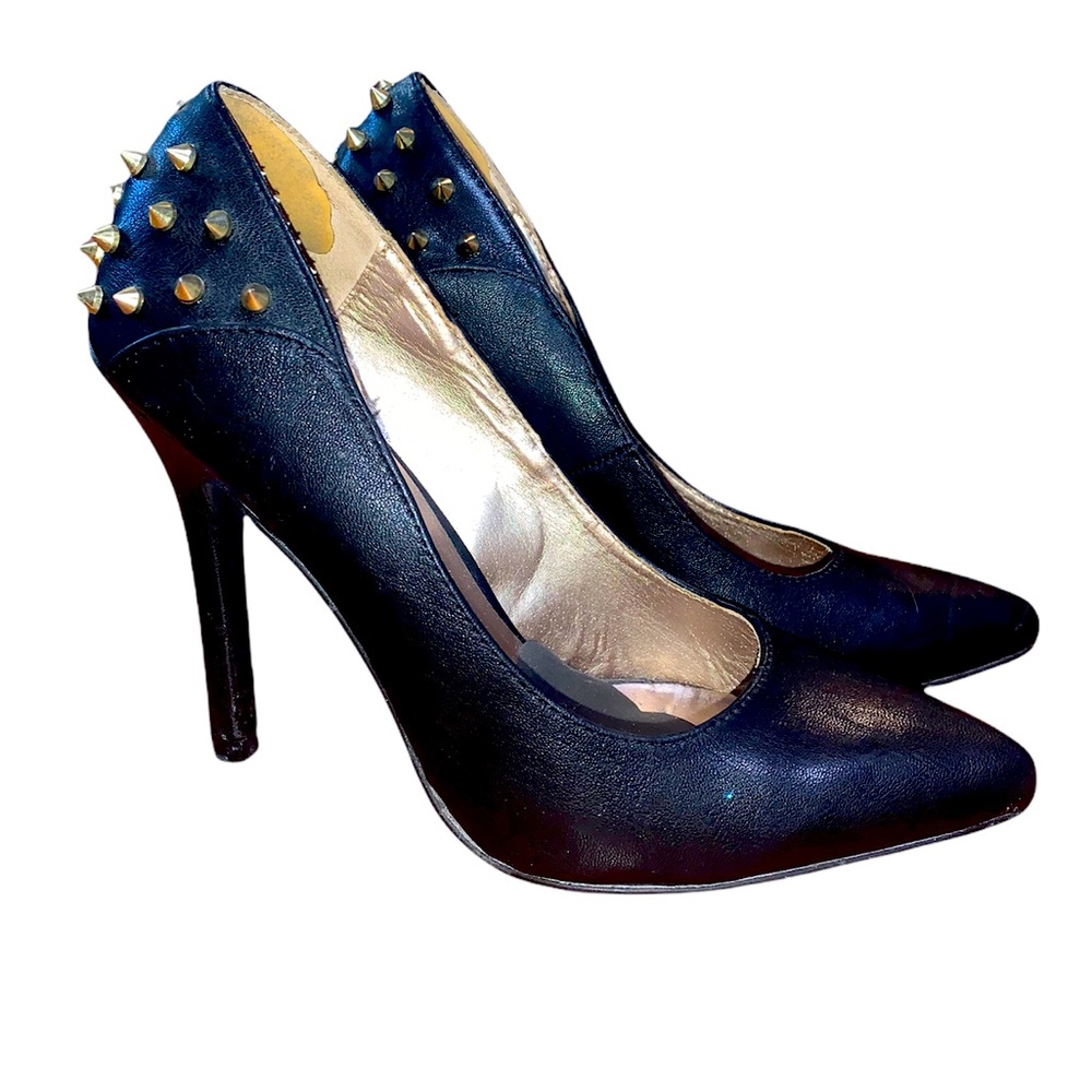 Black Leather Gold Studded Heels